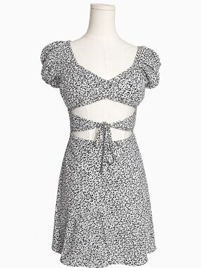 Black & White Leopard Print Tie-Front Cutout Mini Dress